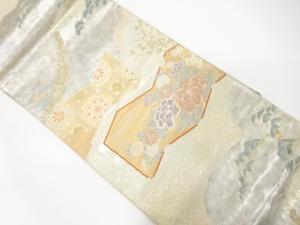 屏風に牡丹・菊・古典柄織り出し　袋帯